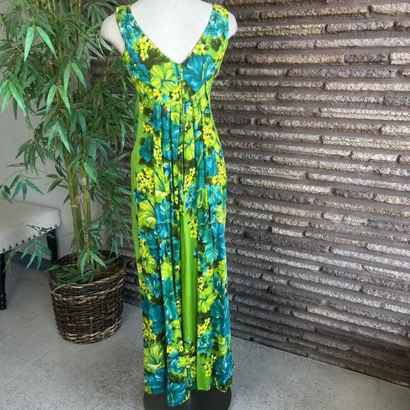 Hawaiian Togs Vintage Green Floral Barkcloth V Neck Draped Back Tiki Maxi Dress - Picture 5 of 14